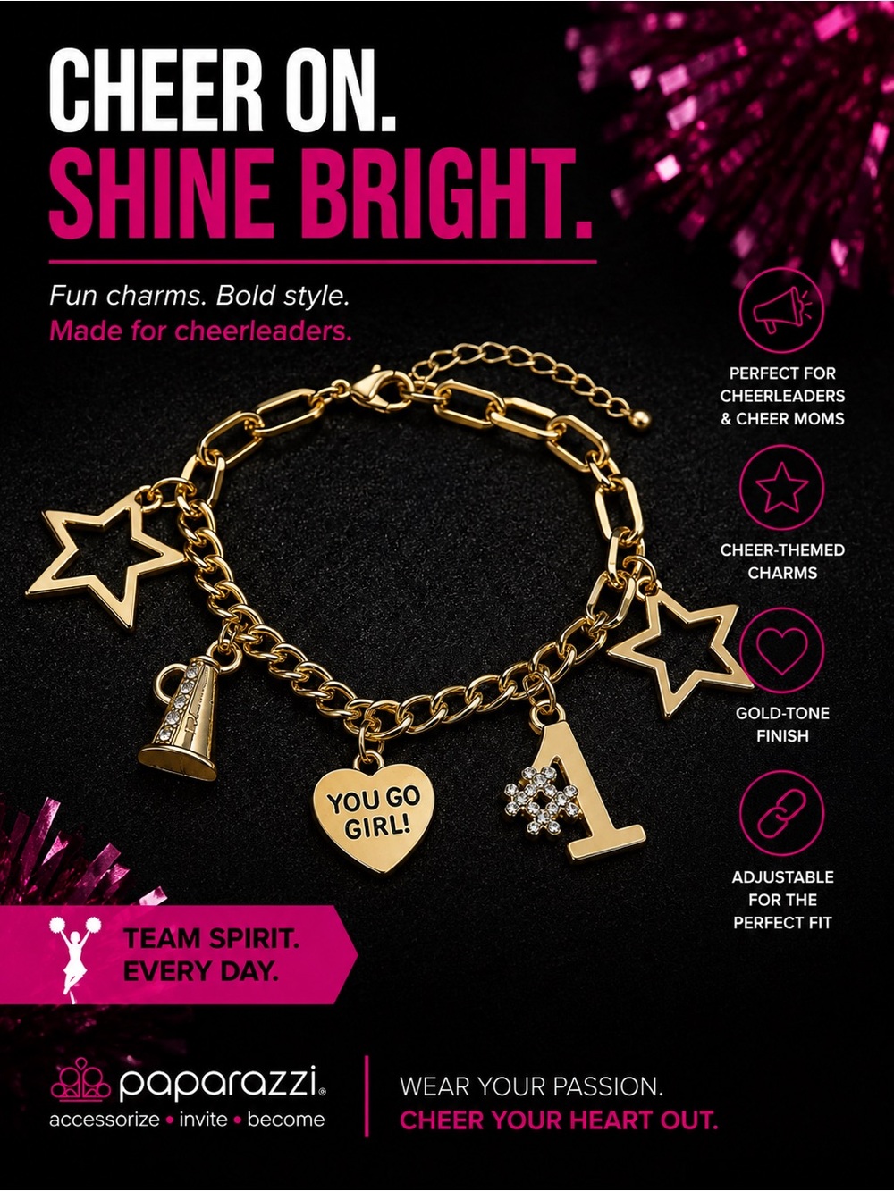 paparazzi Gold-Tone Cheerleader Charm Bracelet with Heart & Stars